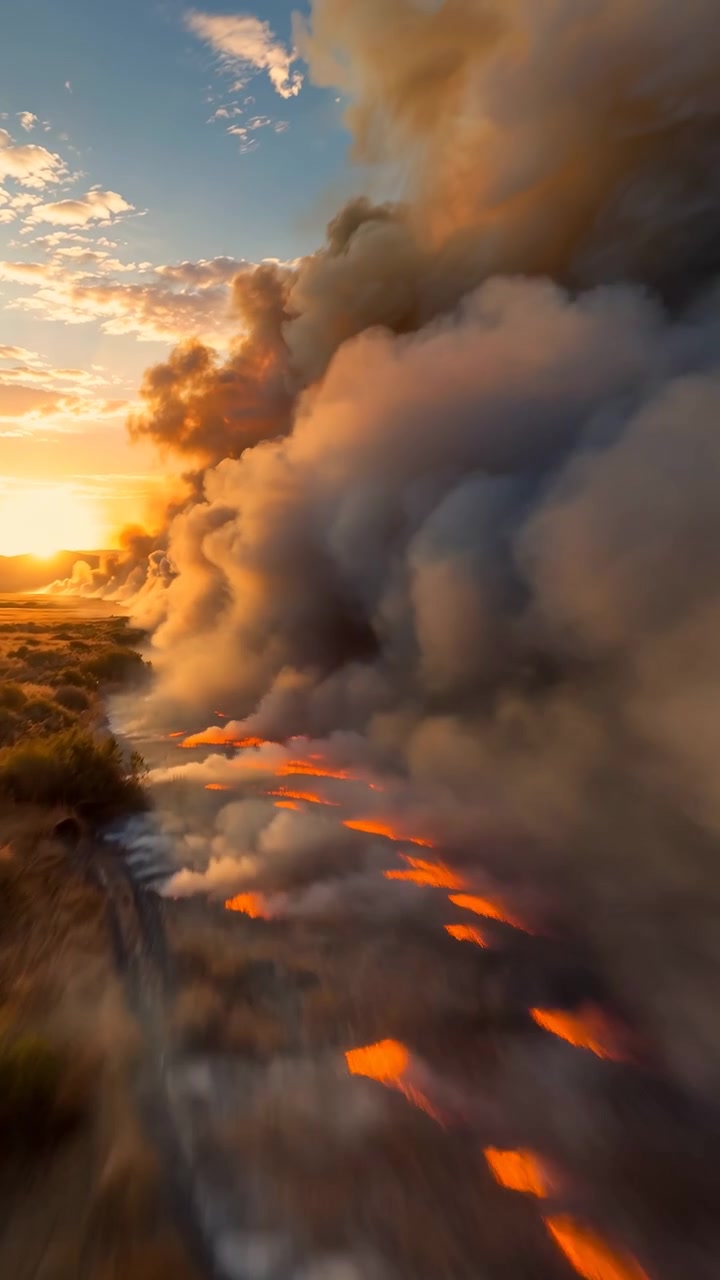 Elevated view moves along burning vegetation as bright orange flames widen across dry ground, while dense gray smoke rolls through frame beneath warm low sunlight.