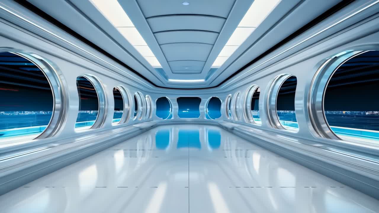 둥근 창문 을 가진 미래적 인 우주 정거장 의 긴 복도