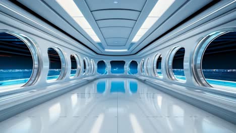 a long hallway in a futuristic space station with round windows