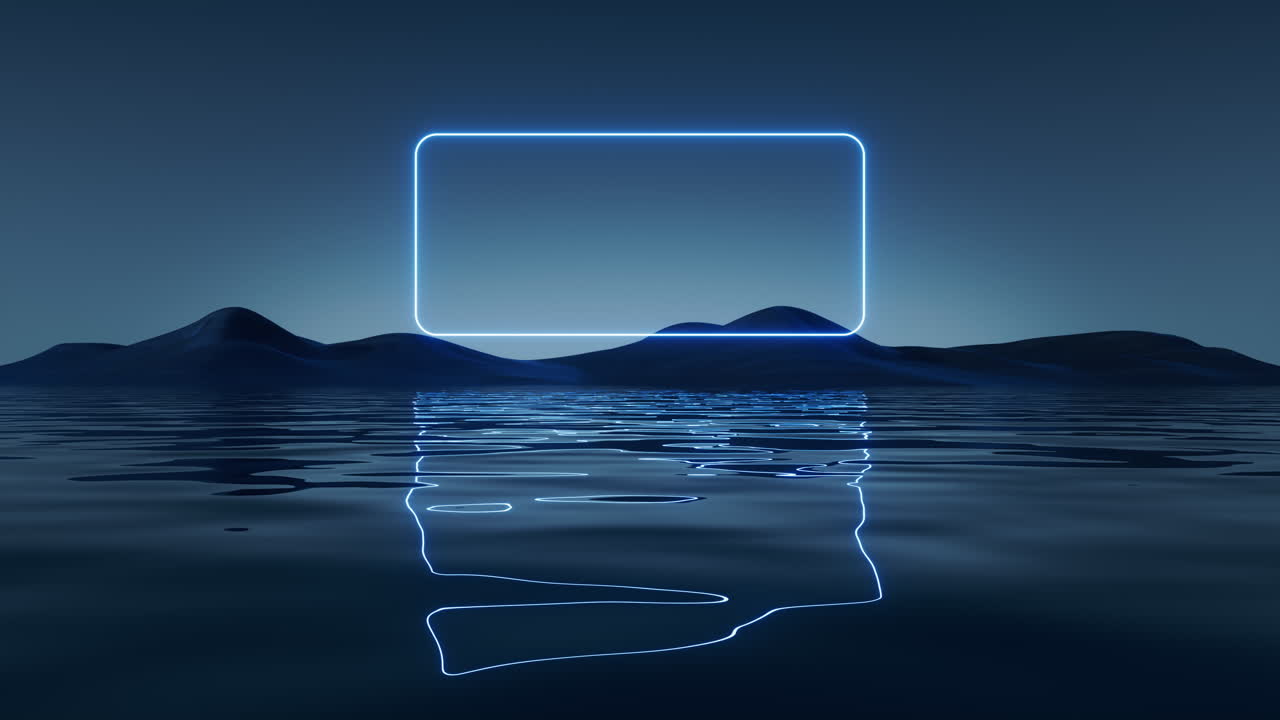 Dark lake with glowing neon lines, 3d rendering.