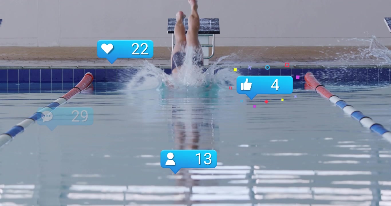 Social-Media-Symbol erscheint bei Block 8, löst Athletenbewegung aus, Tauchen erzeugt Engagement-Symbole.