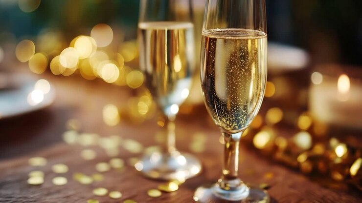 calici da champagne scintillanti con decorazioni festive
