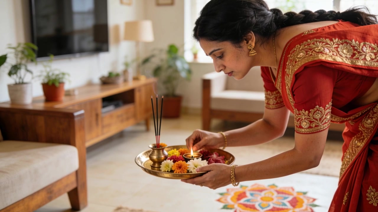 Donna indiana che si avvicina, in sari rosso e oro, che esegue una puja, accendendo una diya su un thali di ottone.