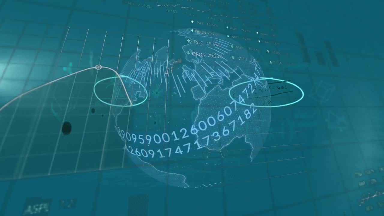Numbers changing on globe against financial data processing