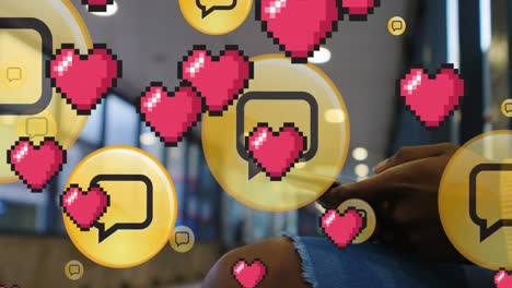 Multiple-message-and-pink-heart-icons-floating-against-mid-section-of-woman-smartphone