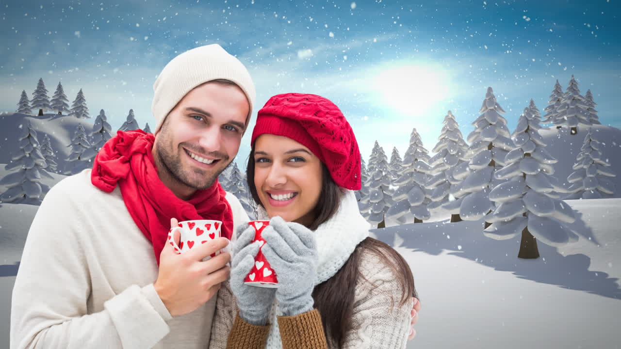 Casal de inverno bebendo em xícaras perto da neve natalina de inverno
