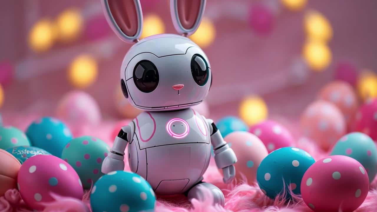 Cute Robot Easter Bunny Surrounded by Colorful Eggs