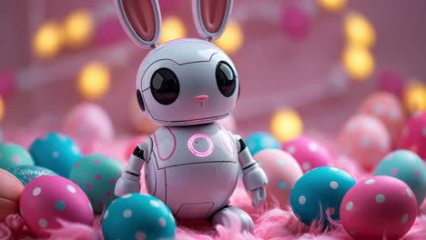 cute robot easter bunny surrounded by colorful eggs