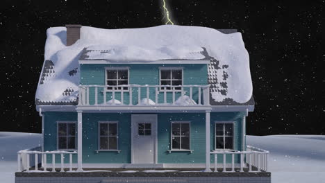 animation of snow falling in night winter landscape with house