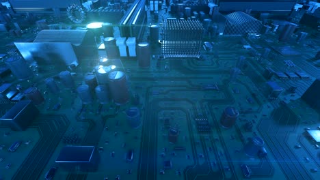 volando sobre la placa de circuito de color azul. animación en bucle 3d de la placa base con llamaradas. tecnología y concepto digital.