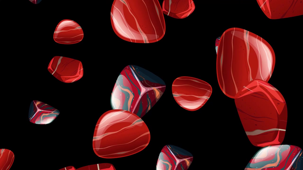 Des pierres lisses rouges et marbrées tombent verticalement à travers un vide sombre dans une animation 3D stylisée.
