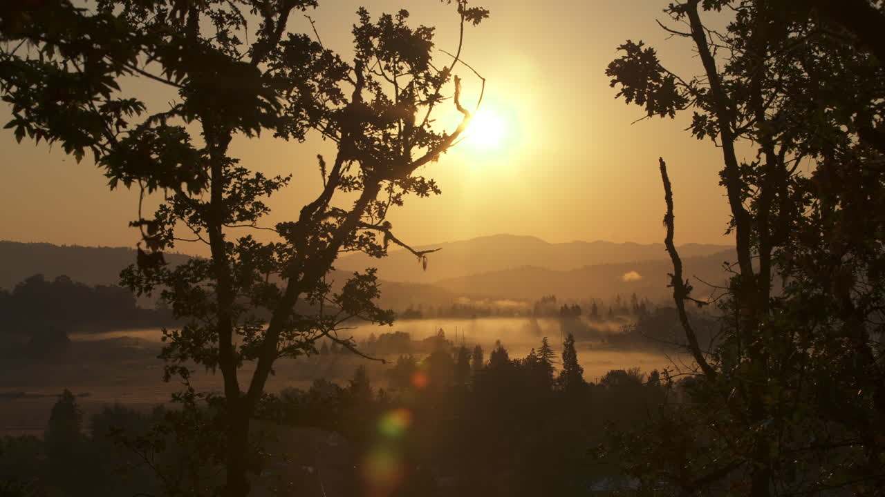 panorámica de la cámara del amanecer sobre el valle brumoso de la granja