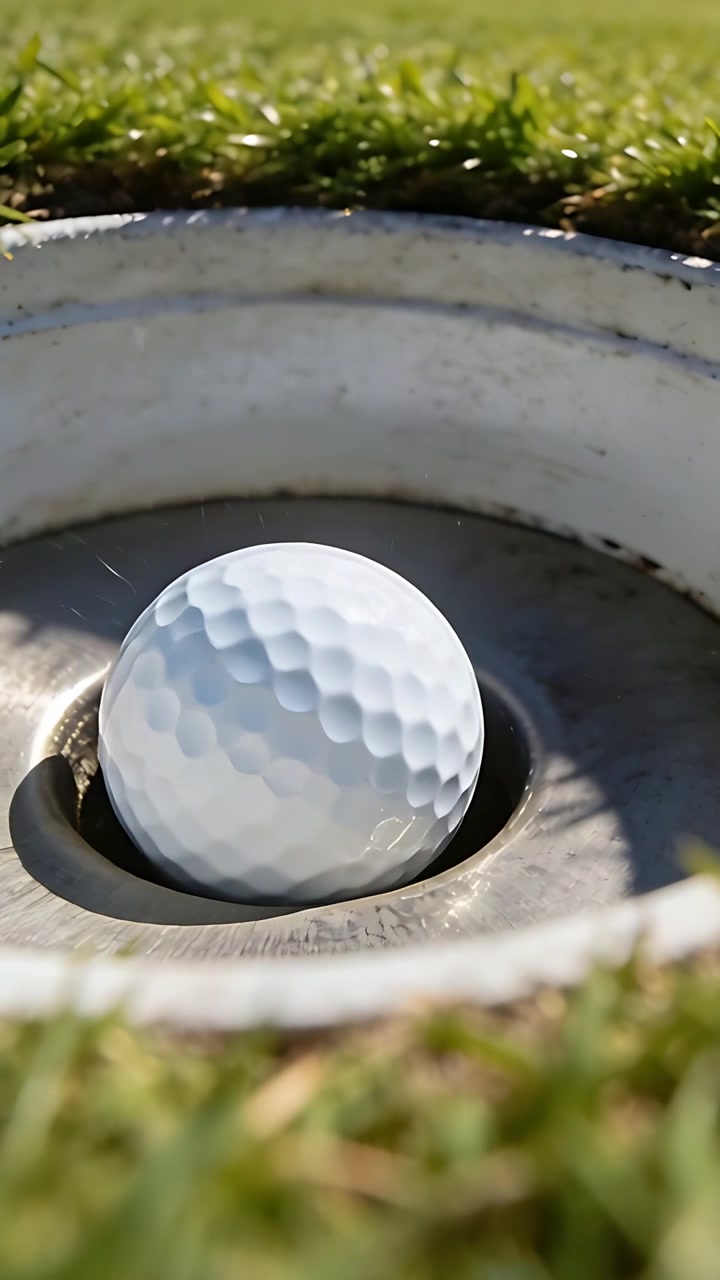 Video verticale: Palla da golf bianca che rotola e si muove nella buca sul green, dal putt all'imbucata, con i ritagli d'erba.