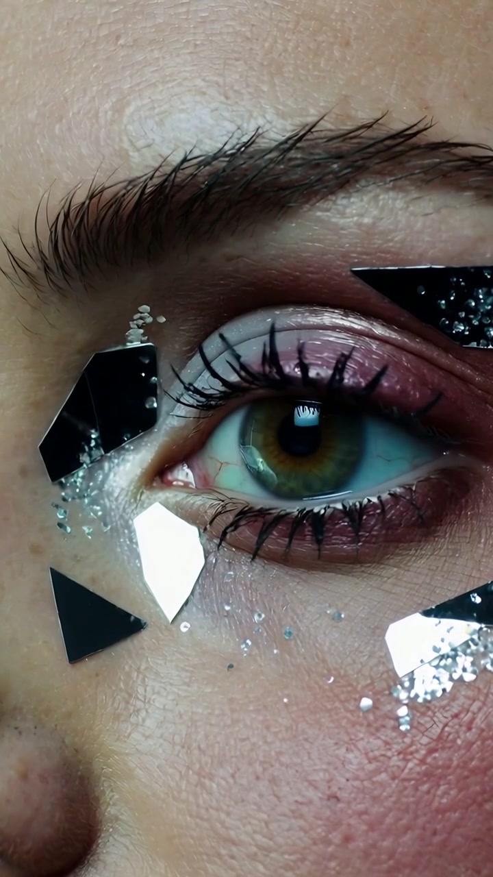 Vertical video: Opening eye on cue, model showing green iris to show makeup in set closeup confetti