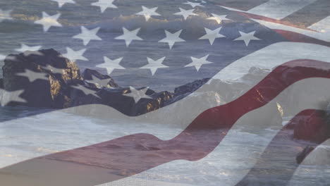 rocky shores with an american flag