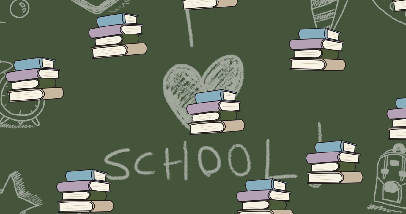 Animazione di pile di libri ripetute che scorrono su una lavagna verde con la scritta 'amo la scuola' in gesso.