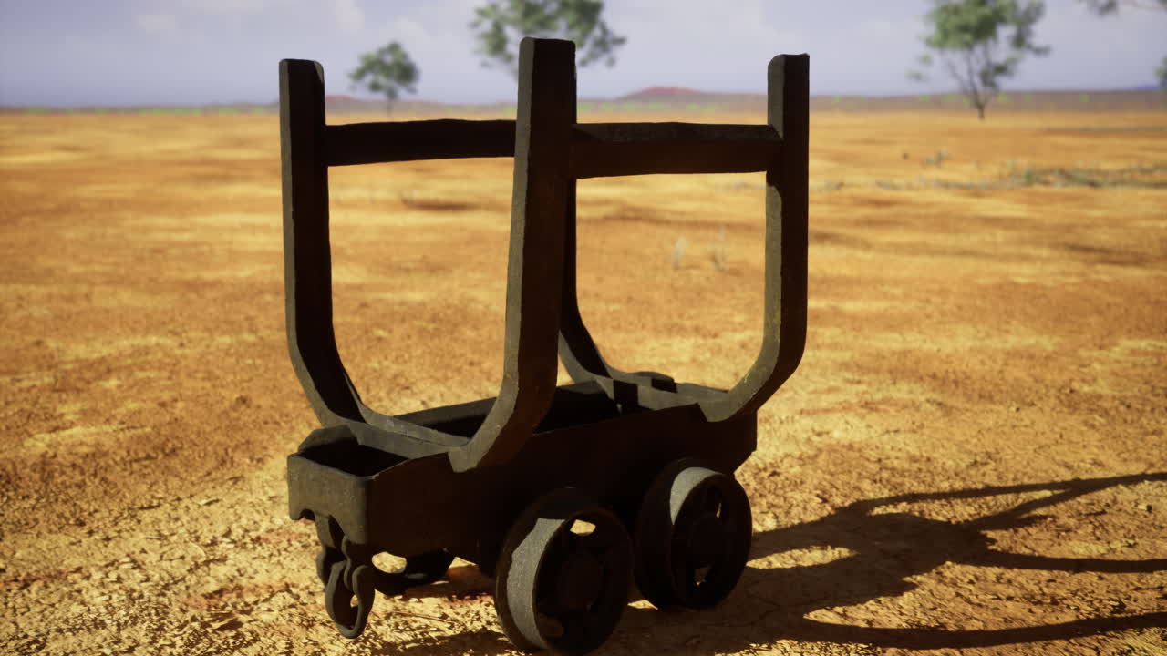 Old mining cart resting on dusty ground in arid landscape near a desert