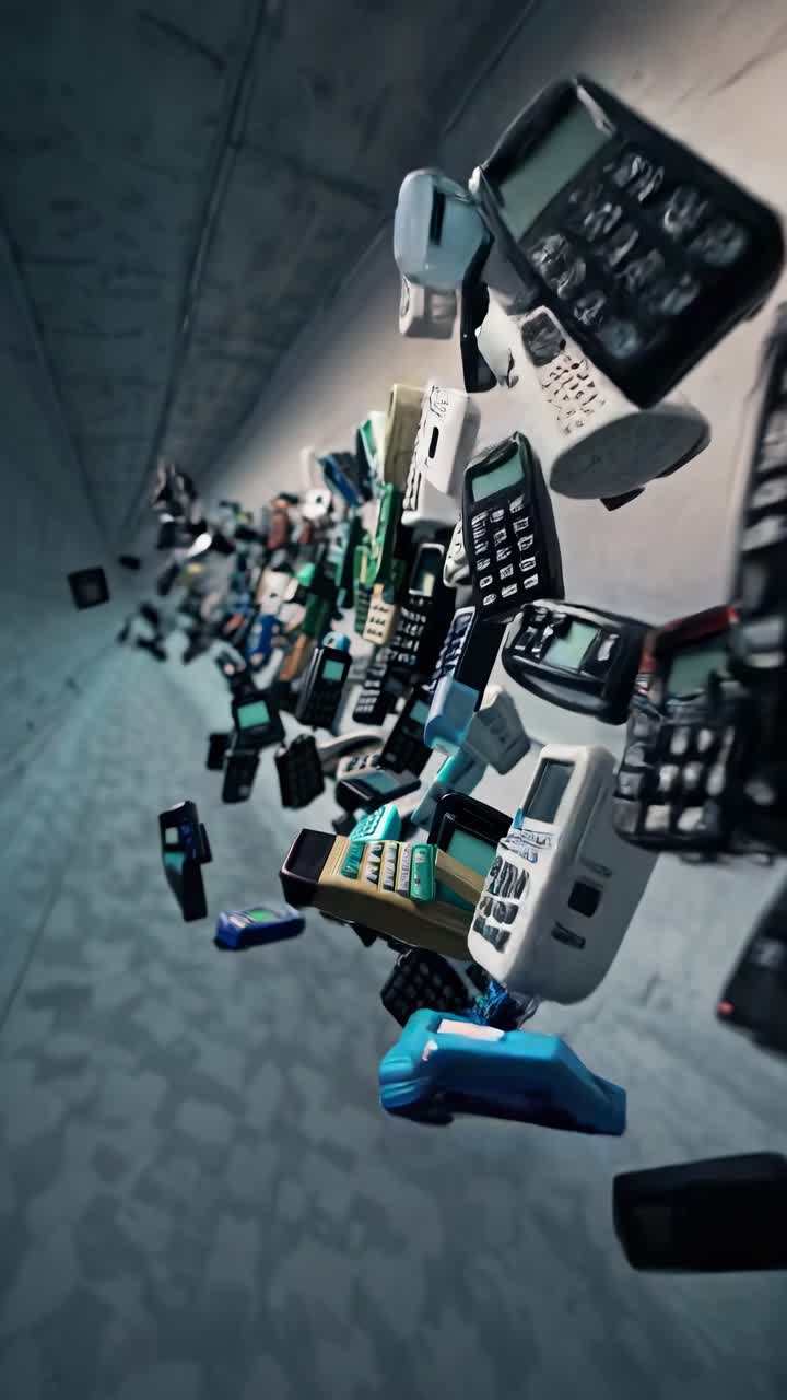 Floating collection of vintage telephones and calculators in dynamic motion, showcasing a colorful array of retro technology in a captivating scene