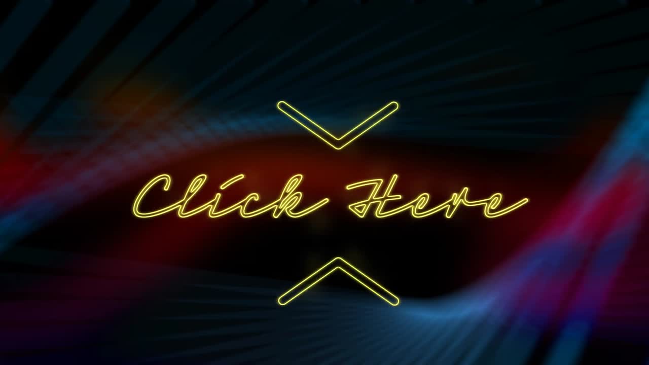 Animation of yellow neon style words Click Here flickering on black and red background
