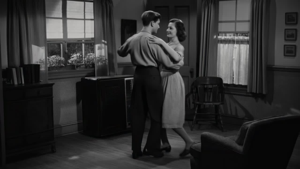 Coppia bianca che balla in salotto, scena monocromatica vintage che mostra una donna in abito e un uomo in pantaloni