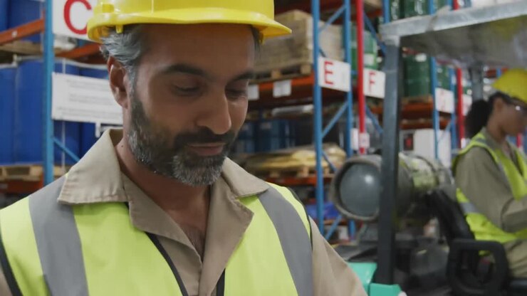 Animation of network of connections with icons over biracial man working in warehouse