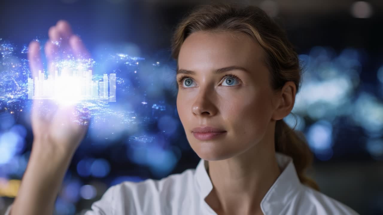 Una donna con un display olografico futuristico, che mostra immagini di visualizzazione dei dati ed elementi digitali, a rappresentare l'innovazione e la tecnologia avanzata