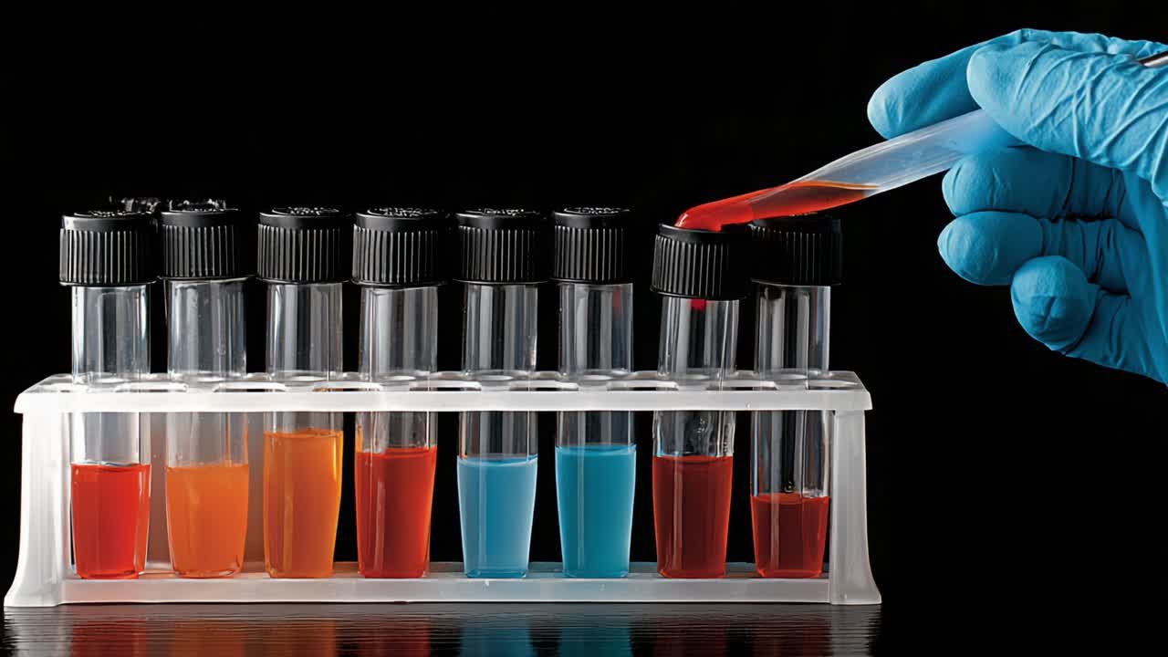 Laboratory Experiment Showcasing the Transformation of Color in Test Tubes Through the Addition of Various Substances During a Chemical Reaction Process