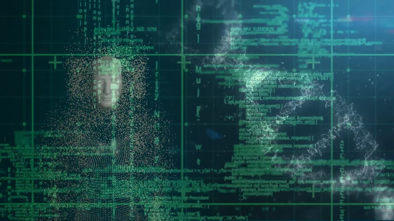 Animation of dna rotating over data processing, human head model on navy background