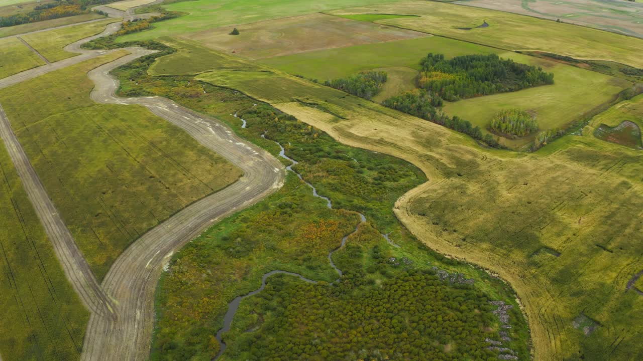 un pequeño arroyo atraviesa una zona pantanosa de vida silvestre rodeada de cultivos