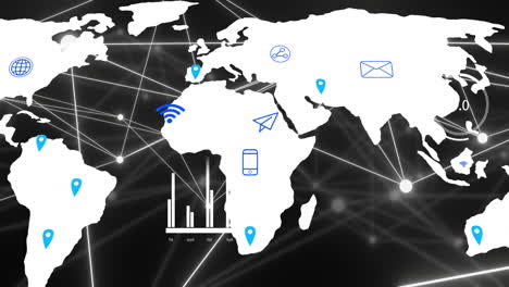 animación de la red de conexiones e íconos digitales en el mapa del mundo sobre fondo negro