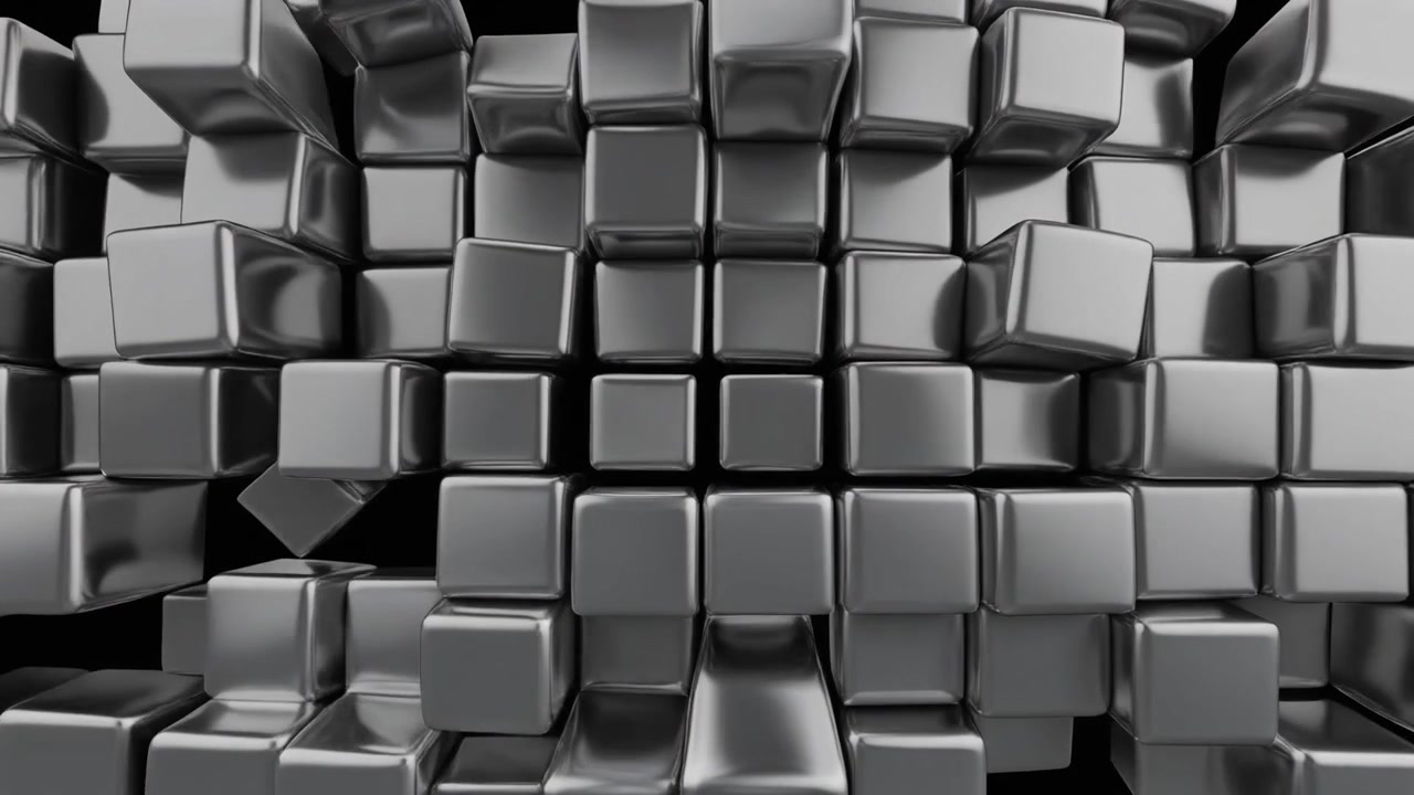 Abstract Animation of Metallic Cubes Assembling into a Grid