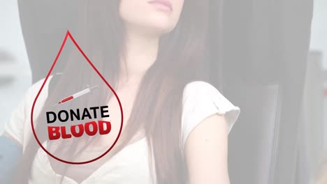 Animation-of-blood-drop-and-donate-blood-text-over-caucasian-female-patient
