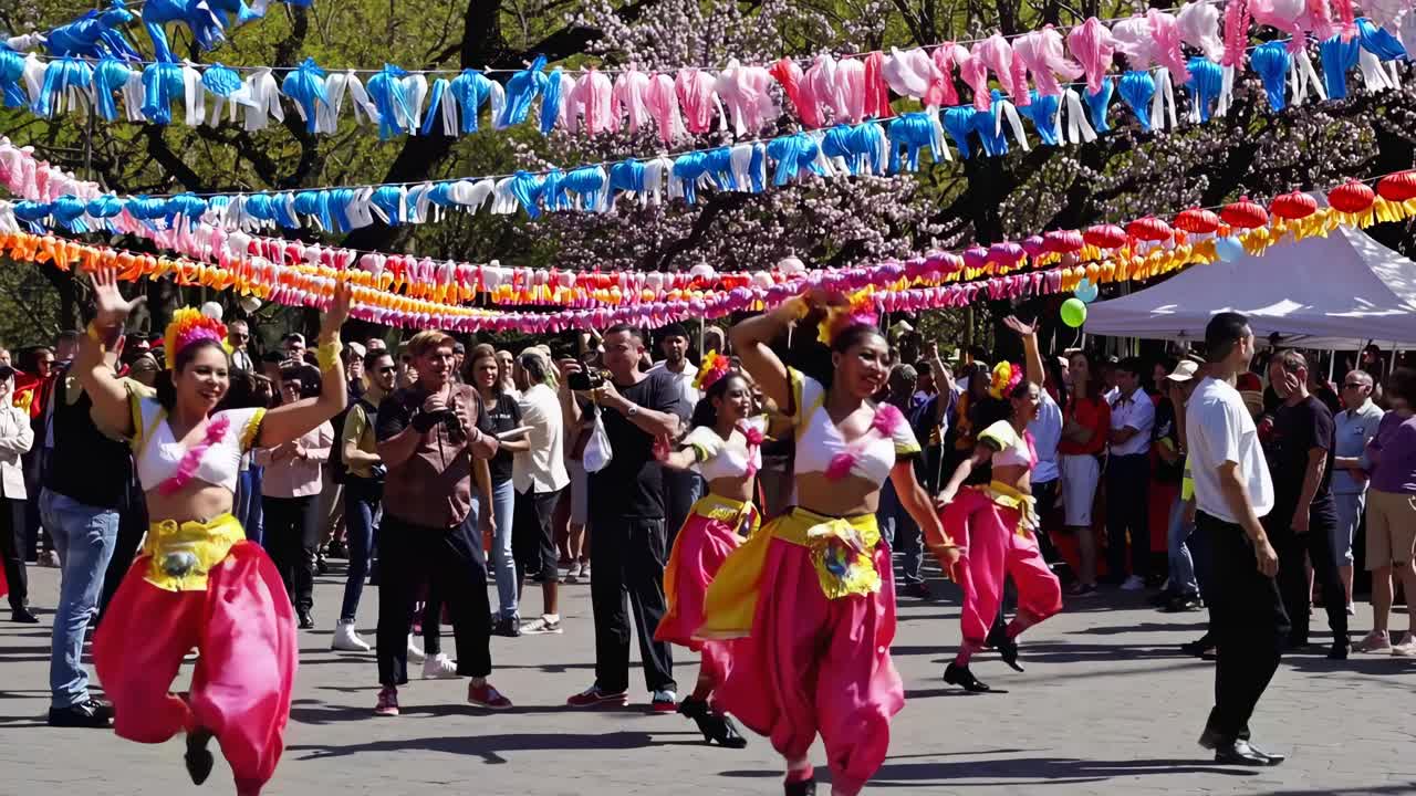 A lively street festival video shot from a wide-angle, capturing dancers in colorful costumes