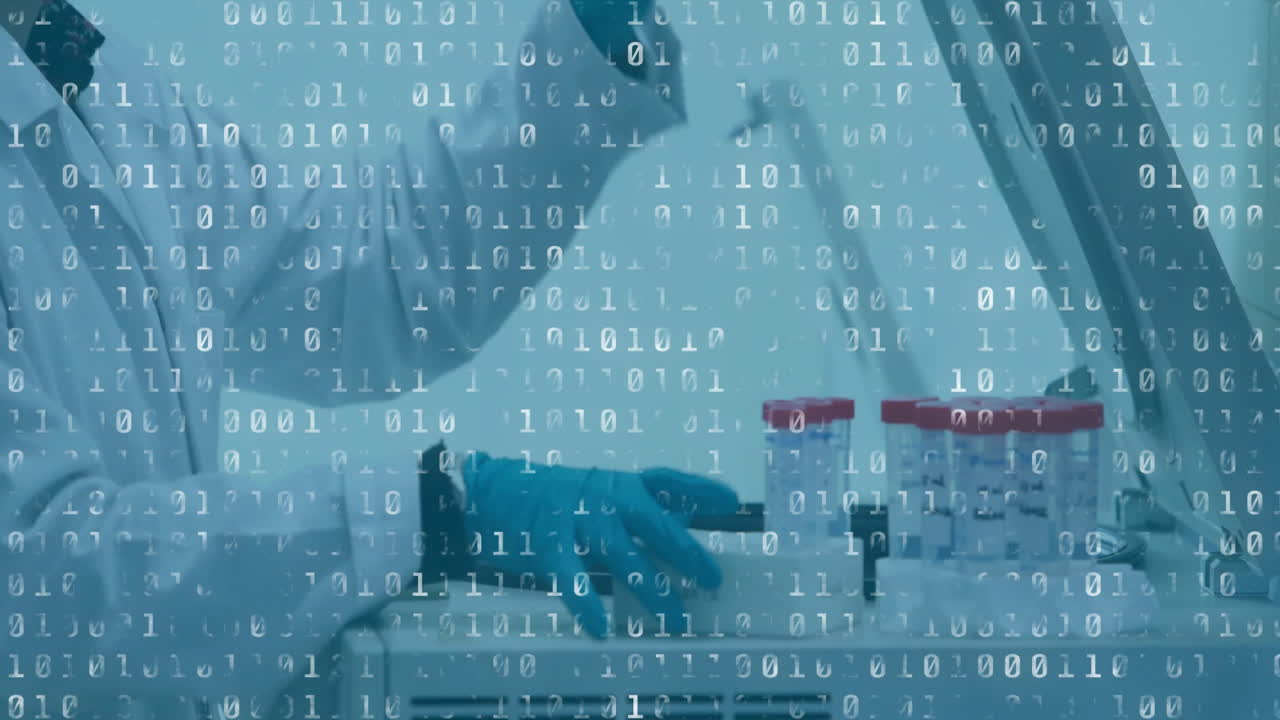 Animation of binary coding data processing over caucasian male scientist in laboratory