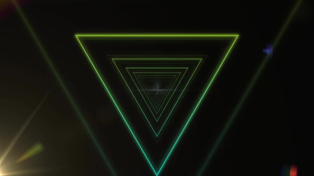 Tunnel of distorted triangle outlines moving with spotlight on black background
