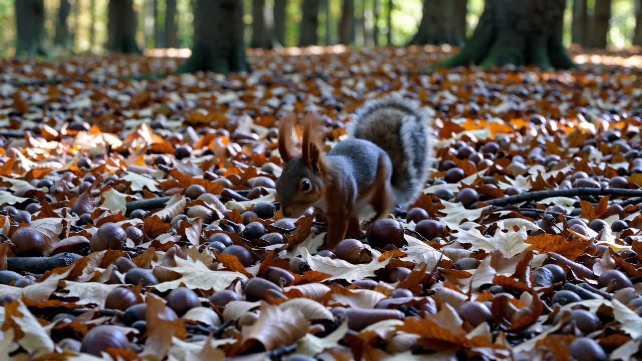 Video af en lav engel, der viser et egern, der leder efter føde blandt nedfaldne efterårsblade og kastanjer i et solbeskinnet område