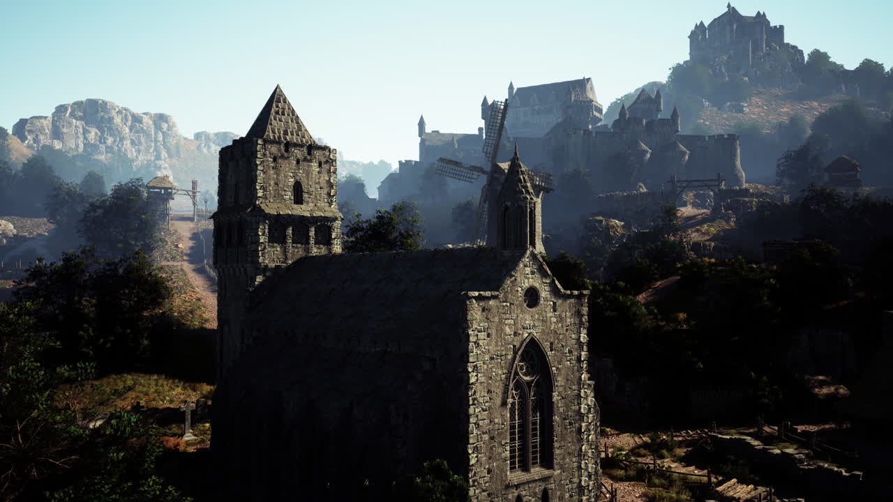 paisaje del pueblo medieval con iglesia y castillo