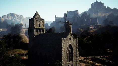 medieval village landscape with church and castle