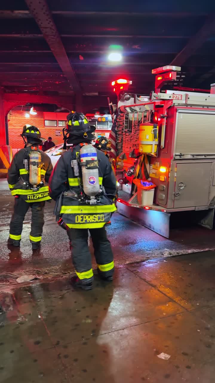 New York, ABD, 2 Aralık 2025: New York metro istasyonunda MetroCard otomatları ve itfaiye aracı. Arka planda bir FDNY itfaiye aracıyla istasyon içindeki bilet gişelerinin yakın çekimi.