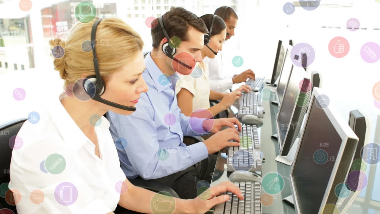 전화 헤드 ⁇ 을 착용 한 사람들 위에 연결 네트워크와 아이콘의 애니메이션