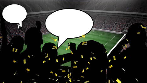 animation of gold confetti over sports fans and speech bubble with copy space in sports stadium