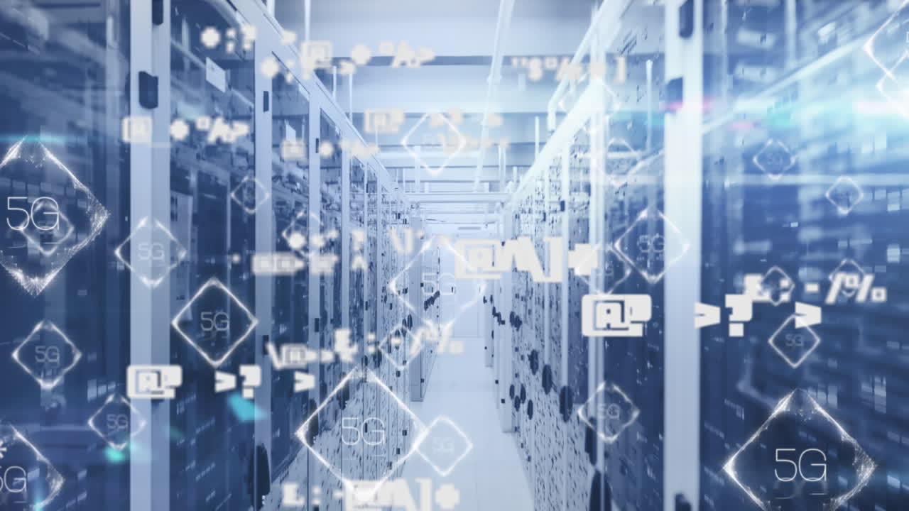 Animation of symbols over 5g text in rhombuses and bars against server room in background