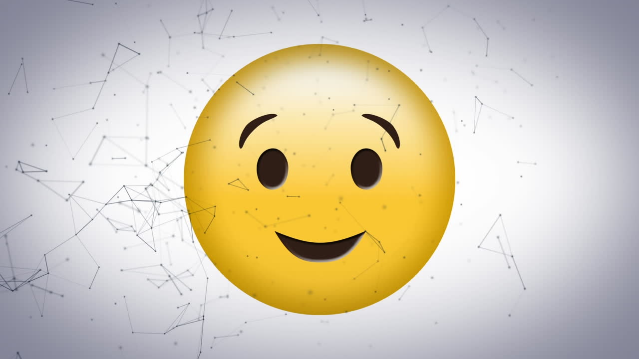 회색 배경에  ⁇ 이는 얼굴 이모티콘에 대한 연결 네트워크의 디지털 애니메이션