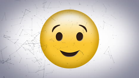 animación digital de una red de conexiones contra un emoji de cara parpadeante sobre un fondo gris