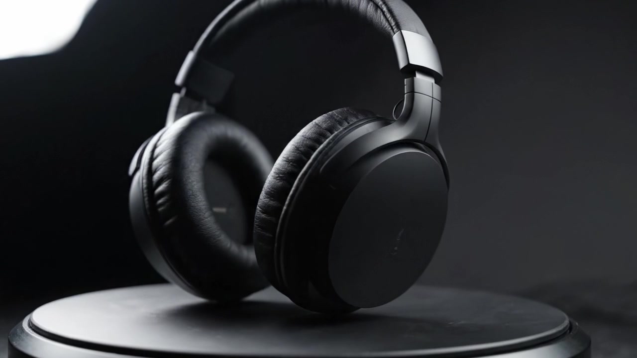 Un primo piano di eleganti cuffie over-ear nere su un display rotante, che ne mostra il design elegante e la qualità premium in un ambiente minimalista.