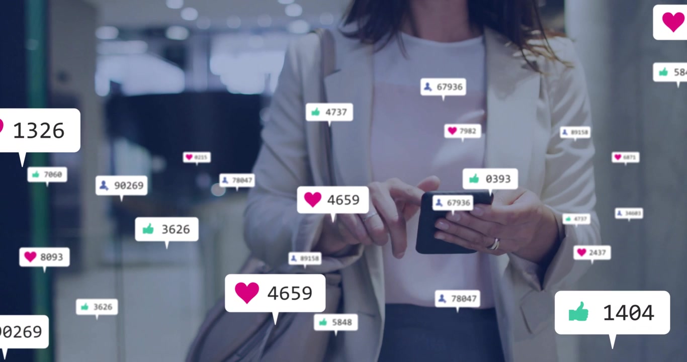Businesswoman tapping smartphone causing floating icons tracking engagement pocketing phone