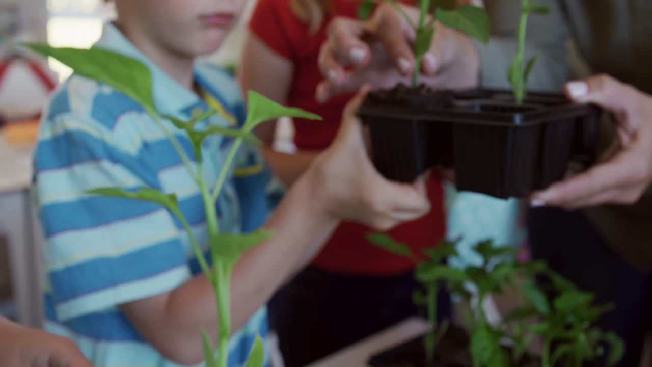 grupo de niños plantando plantas en la clase