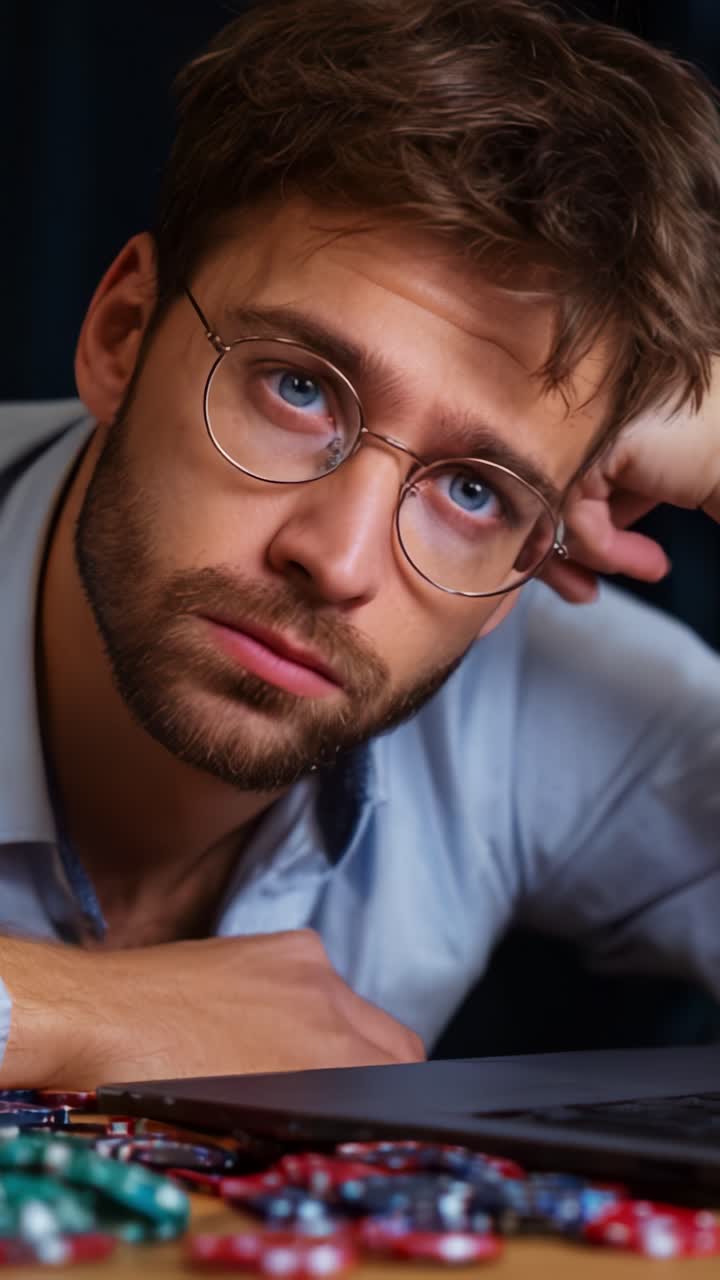 Pensive Contemplation: A Thoughtful Moment Captured as a Young Man Looks Upwards, Surrounded by Colorful Poker Chips and a Laptop, Deep in Reflection