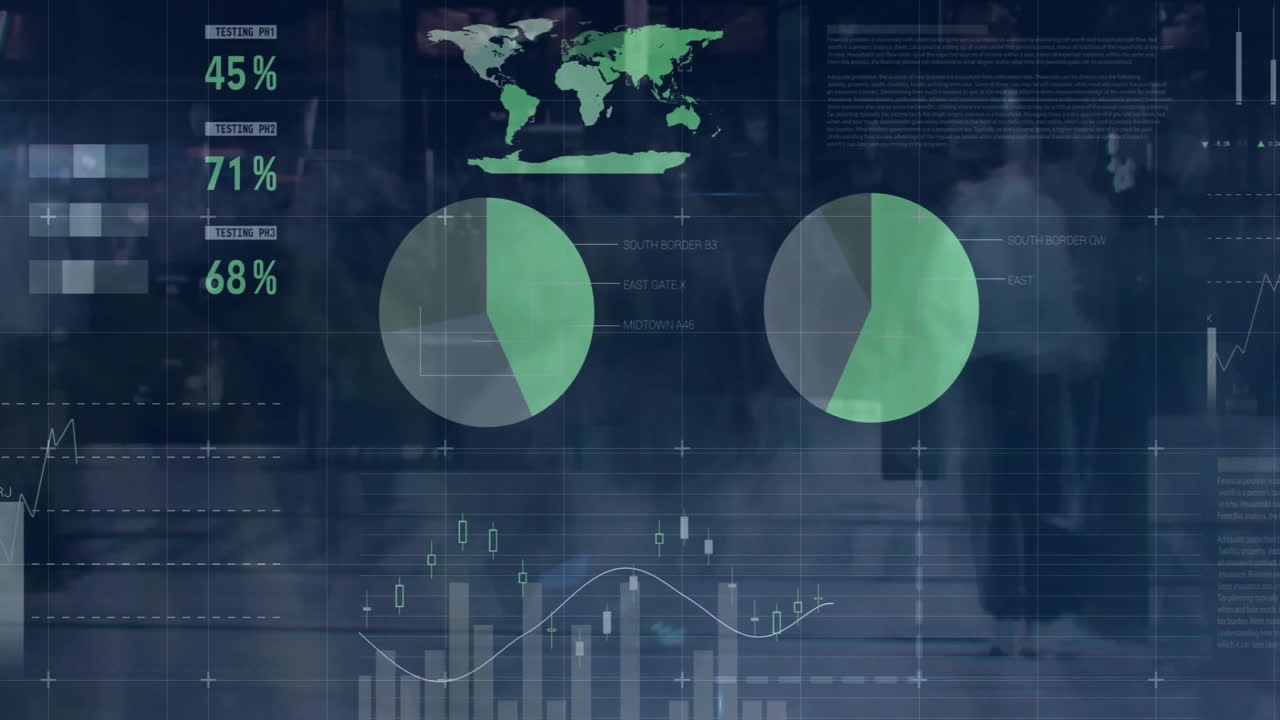 Global data analytics animation over financial charts and graphs