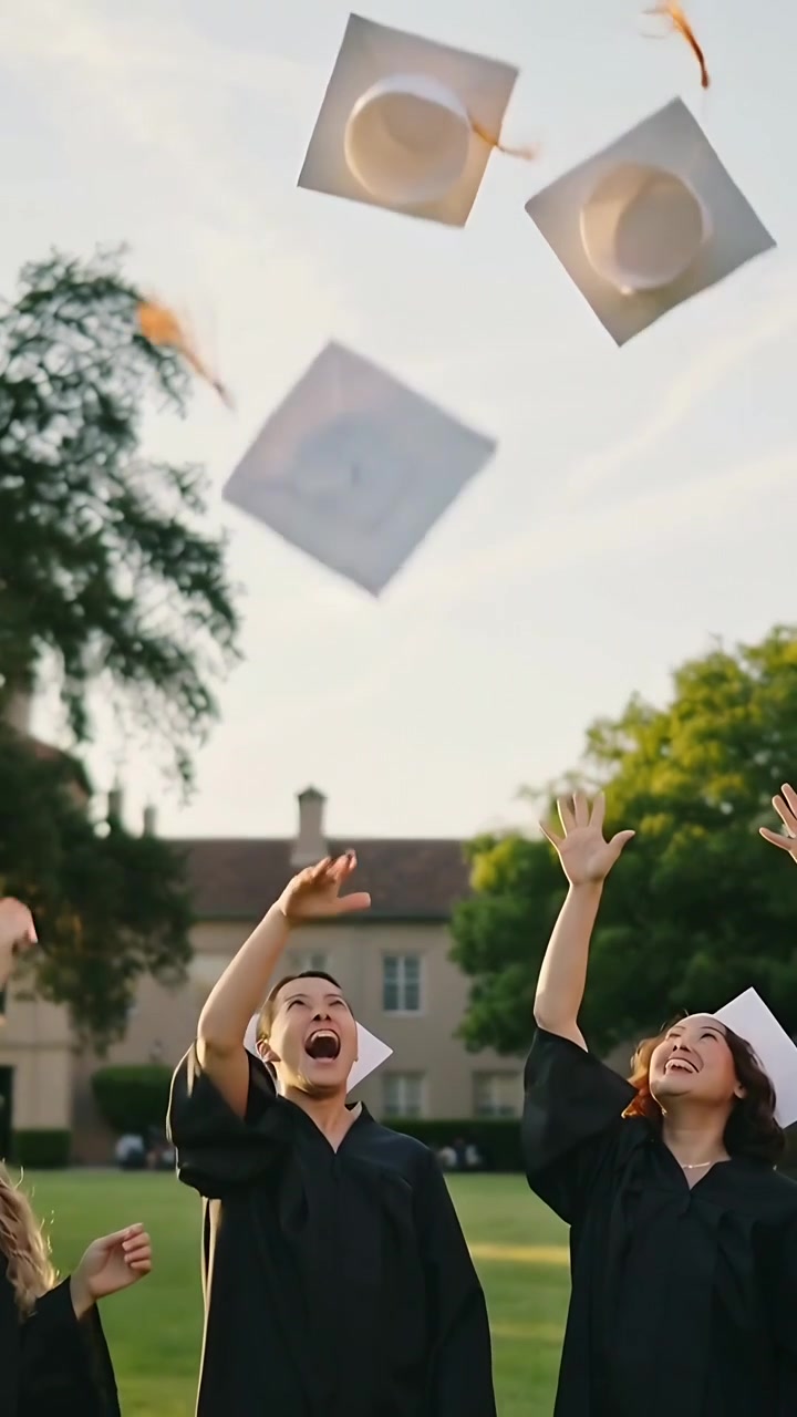 Video verticale: Laureati che lanciano i cappelli bianchi sopra il cortile del campus, toghi neri che festeggiano.